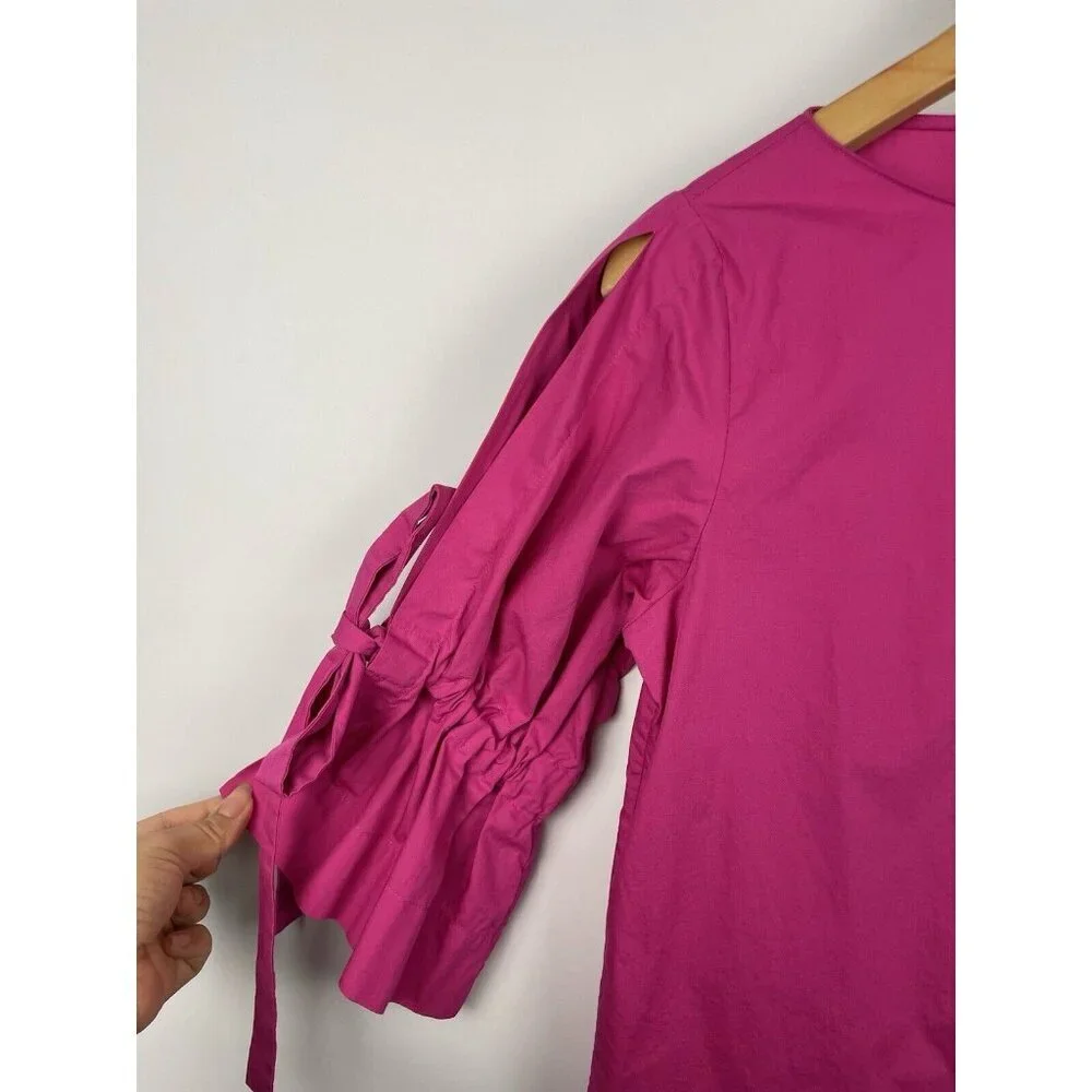 Banana Republic Hot Pink 3/4 Tie-Sleeve 100% Cotton Boat Neck Blouse Size XS - Picture 2 of 6